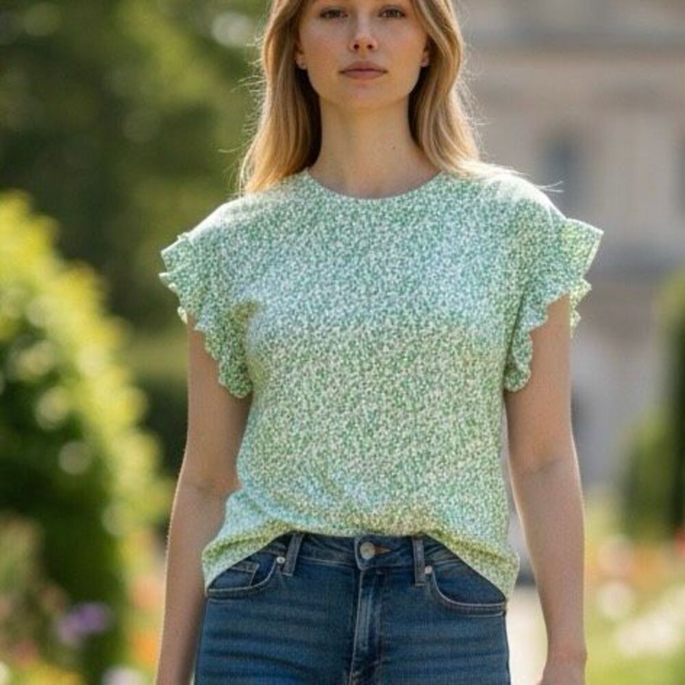 Crown & Ivy L Pastel Ruffle Short Sleeve Blouse Preppy Old Money Artsy Romantic